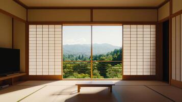 Zen minimalist living room with mountain view tranquil environment interior design serene atmosphere photo