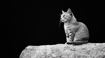 Captivating cat portrait on rock studio setting black and white copy space photo