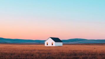 Serene sunset landscape and white house photo