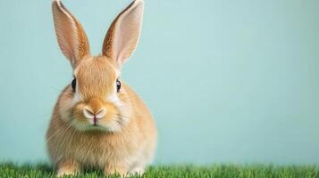 Playful rabbit on soft green grass natural setting low-resolution photography whimsical vibe photo
