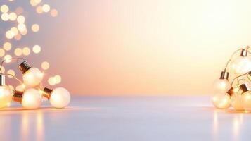 Christmas light bulbs hanging above gray tabletop with small potted pine tree creating warm holiday atmosphere background Copy space for text photo