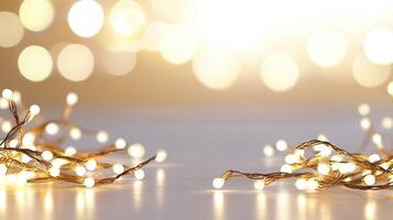 Christmas golden lights illuminating white frosted leaves creating on light background, perfect for winter holidays greeting card photo