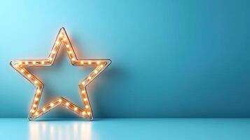 Hollywood star sign illuminating blue backdrop, featuring vintage light bulbs representing creative success and ambitious aspirations background Copy space for text photo