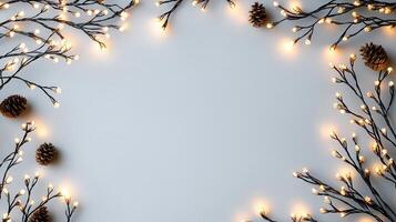 Christmas lights illuminating white creating frame on light blue background, perfect for winter holidays greeting card photo