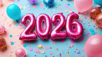 Vibrant balloons and confetti surround shiny pink and blue numbers, welcoming the new year 2026 colorful celebration photo