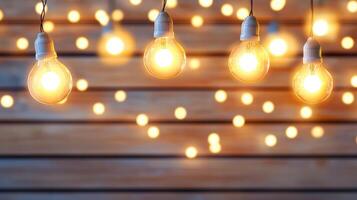 Glowing light bulbs suspended against blurred wooden surface, producing warm ambiance with soft bokeh illumination Copy space for text photo