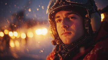 Close up of a man wearing a helmet in a snowy environment with blurred warm lights photo