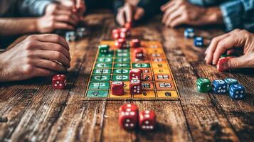 Four individuals playing a board game on a rustic wooden table using colorful dice and game pieces photo