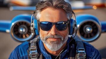Portrait of a man with gray hair and beard wearing sunglasses and headphones in front of a blue airplane photo