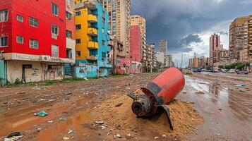 Urban Scene with Colorful Buildings and Debris Scattered on a Wet Street photo