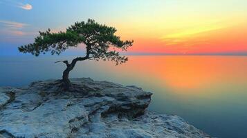 A lone tree stands on a rock at the edge of the ocean at sunset photo