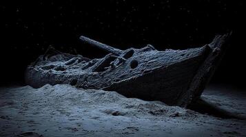 Submerged Shipwreck at Night, a ghostly image of a ruined boat under the sea and stars in the sky photo