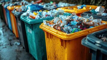 A row of trash cans with different colored containers photo