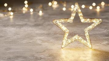 Glowing led star ornament nestling on surface, softly highlighted by warm fairy lights, creating festive holiday ambiance Copy space for text photo