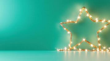Glowing led star ornament nestling on surface, softly highlighted by warm fairy lights, creating christmas festive holiday ambiance Copy space for text plain green background photo