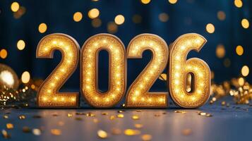 Glowing 2026 numerals gleaming against dark backdrop, sparkling festive bokeh golden confetti around atmosphere for New Year celebrations background photo
