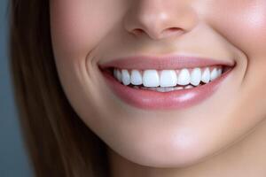 close-up of happy patient smiling confidently, showing perfectly white teeth, studio lighting, dental chair in the background, clean and professional look photo