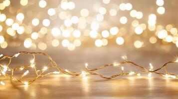 Twinkling christmas string lights casting warm golden glow against soft bokeh background, radiating festive holiday ambiance photo