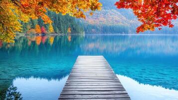 Tranquil autumn landscape with wooden pier into calm lake reflecting colorful foliage and mountains background fall photo