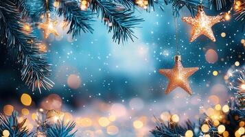 Christmas star ornaments dangling from pine branch, sparkling lights creating festive holiday winter bokeh background photo
