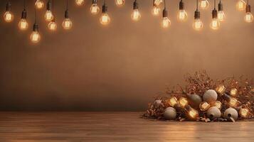 Christmas light bulbs hanging above gray tabletop with small potted pine tree creating warm holiday atmosphere background Copy space for text photo