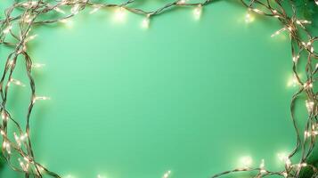 christmas Warm glow of string lights forming festive border, highlighting cozy holiday ambiance and celebratory mood green background Copy space for text photo