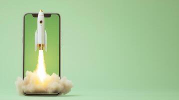 Startup concept with rocket taking off from a smartphone screen with smoke and green chroma key background Copy space for text photo