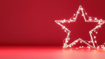 Glowing led star ornament nestling on surface, softly highlighted by warm fairy lights, creating festive holiday ambiance Copy space for text plain red background photo