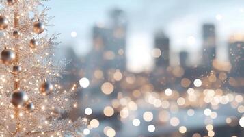 Soft abstract christmas string lights illuminating snowy landscape with vibrant sunset, casting magical winter bokeh glow across serene evening scene background photo