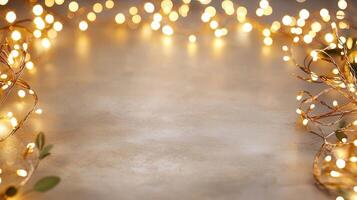 Christmas lights illuminating white frosted leaves creating frame on light blue background, perfect for winter holidays greeting card photo