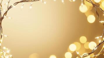 Christmas golden lights illuminating white creating frame on light blue background, perfect for winter holidays greeting card photo