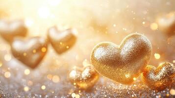 Valentine Day abstract background, gold and white, minimal design, golden hearts, festive atmosphere photo