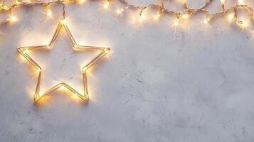Christmas lights forming a bright star shape decoration on a pale gray background, perfect for holiday season greeting card or website banner Copy space for text photo