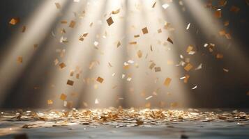 Golden confetti falling onto a festive stage illuminated by spotlights, creating a festive and celebratory atmosphere empty room at night mockup with copy space for text photo