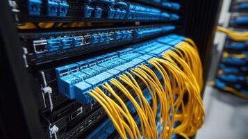 Close up of yellow fiber optic cables connected to blue sfp modules in a network panel, highlighting data center network transmission and connectivity photo