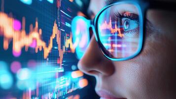 Professional business woman analyzing data on interactive digital screen, displaying analytics in contemporary workspace trading chart photo