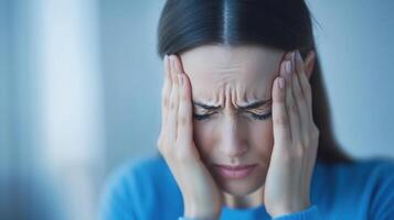 Woman suffering strong migraine, touching temples with hands and closing eyes near window light photo