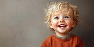 Joyful toddler with curly hair smiles brightly in a cozy indoor setting during daytime photo