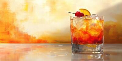 Refreshing cocktail with ice and garnish on a vibrant background during a warm evening photo