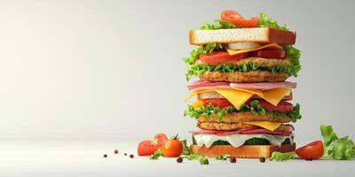 Stacked sandwich with layers of meat, cheese, and fresh vegetables ready for a hearty meal photo