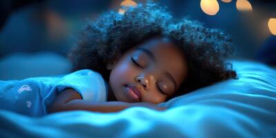 Softly illuminated child peacefully sleeping in cozy bedroom surrounded by warm fairy lights at night photo
