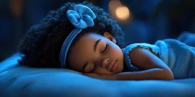 Young girl peacefully sleeping in a cozy bedroom with blue lighting and soft textures photo