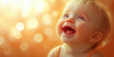 Bright smile of a joyful baby enjoying a sunny day filled with light and warmth in a cozy setting photo