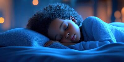 Child peacefully sleeping in a cozy blue environment at night with soft lighting and a serene atmosphere photo