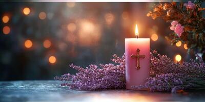 Candle with cross and lavender flowers in soft light creates a serene atmosphere for reflection and prayer photo