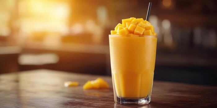 Refreshing mango smoothie served in a tall glass with fresh mango chunks during golden hour photo