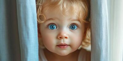 Curious toddler peeks through soft curtains with bright blue eyes during afternoon light photo