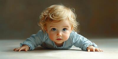 Curious baby with blue eyes exploring the floor in soft natural light during the daytime photo