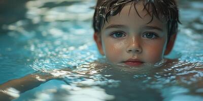 Young boy enjoys swimming in a serene pool during daytime, showcasing joyful moments and captivating water reflections photo