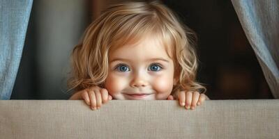 Young child with curly hair peeking over a fabric divider in a cozy interior with soft lighting photo